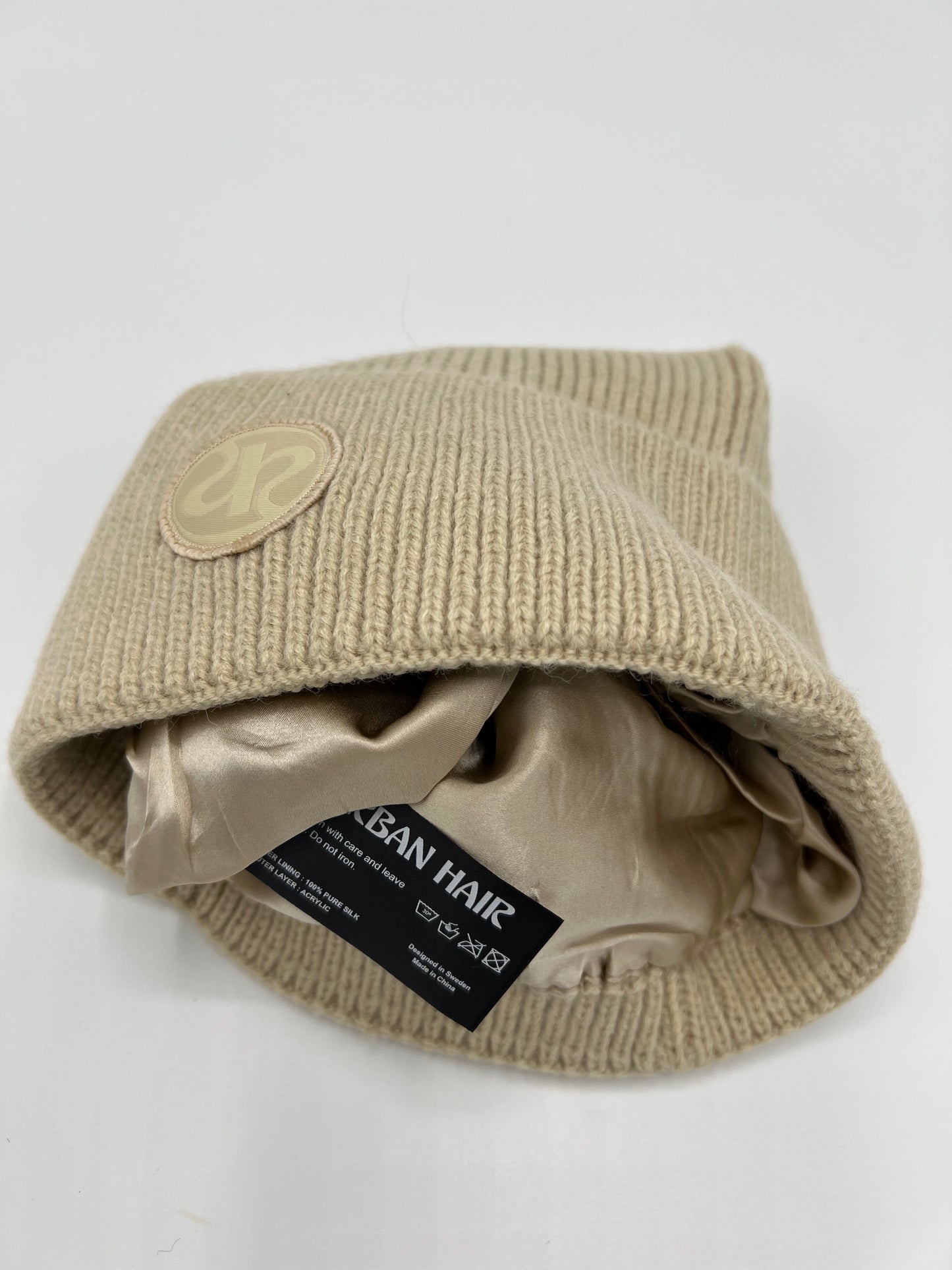 NEW - Silk Lined Knitted Beanie - Beige